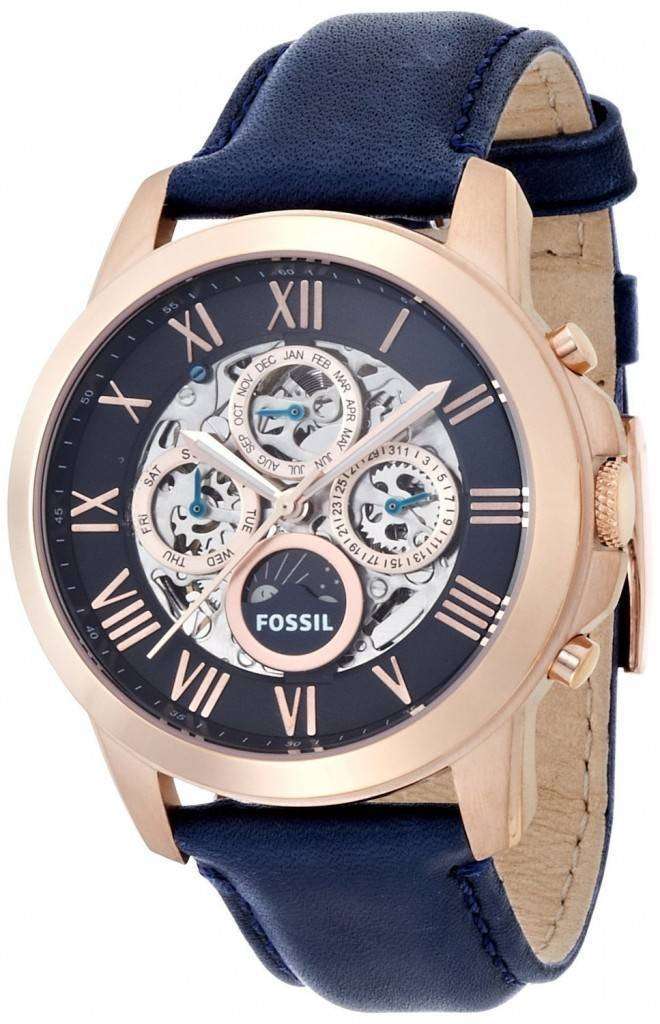Fossil Grant Automatic Blue Skeleton Dial Blue Leather ME3029 Men's ...