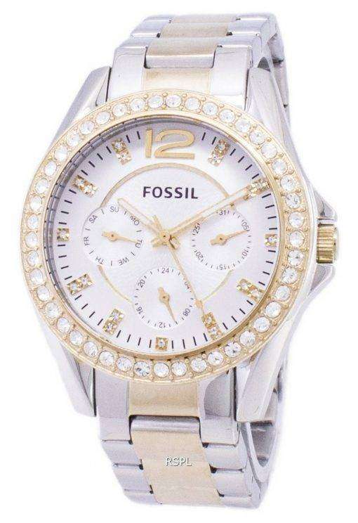 Fossil Riley Multifunction Silver And Gold Tone Crystal Dial ES3204 Womens Watch