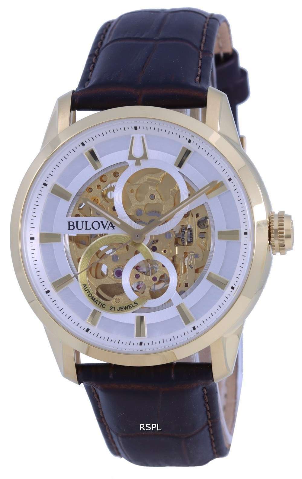 Bulova Classic Sutton Skeleton White Dial Leather Strap Automatic 97A138 Mens Watch