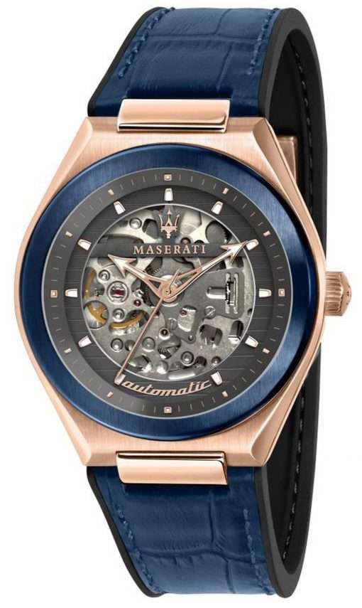 Maserati Triconic Skeleton Grey Dial Leather Strap Automatic R8821139002 100M Mens Watch