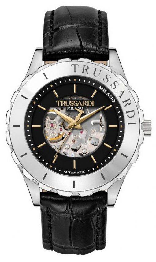 Trussardi T-Logo Semi Skeleton Black Dial Leather Strap Automatic R2421143002 Mens Watch